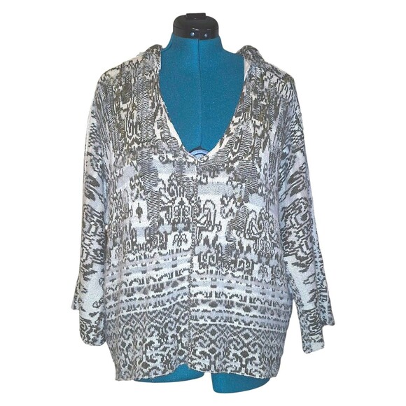 Free People Raggy V Neck Ivory/Green Hooded Coastal Girl Bohemian Sweater Sz S - Picture 2 of 7